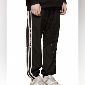 DomRebel Montreal Sz M Relaxed Track Pants Logo Stripe On Side Black Dom Rebel